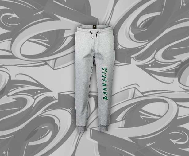 gray joggers, dark green Bannacis text